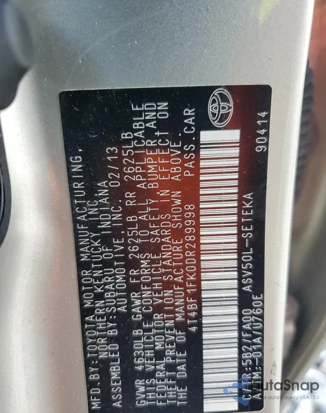 2013 Toyota Camry L из США, поврежденный, VIN 4T4BF1FK0DR289998